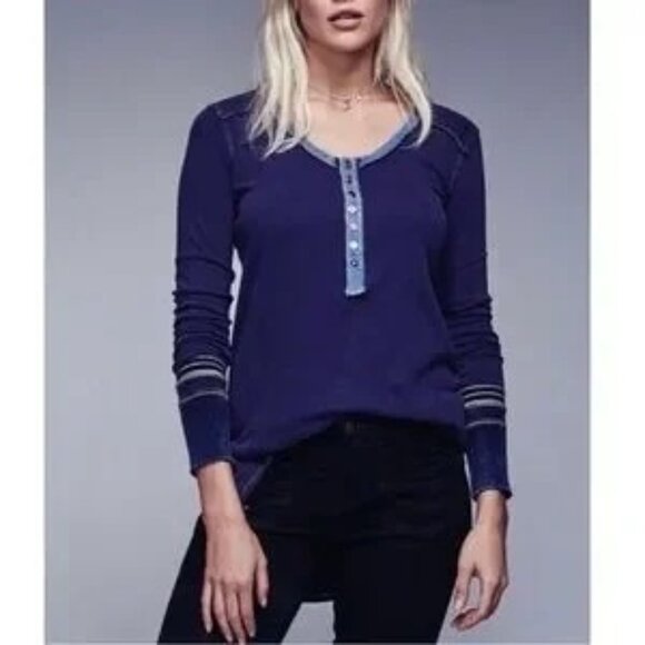 Free People Blue Slouchy Exposed Stitch Embellished Henley Top | Boho Grunge S - Picture 15 of 16